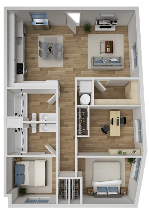 A 3D floor plan of a three bedroom apartment with a kitchen, living room, and bathroom.